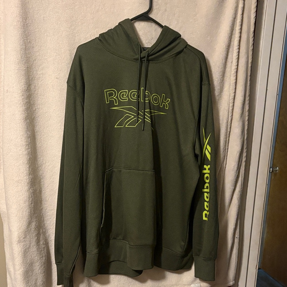Reebok Men's Dark Green Hoodie with Neon Accents